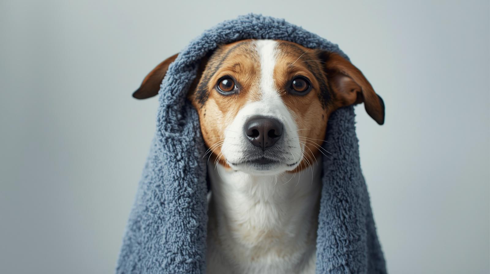 Hond wordt drooggeblazen met een professionele waterblazer na het wassen